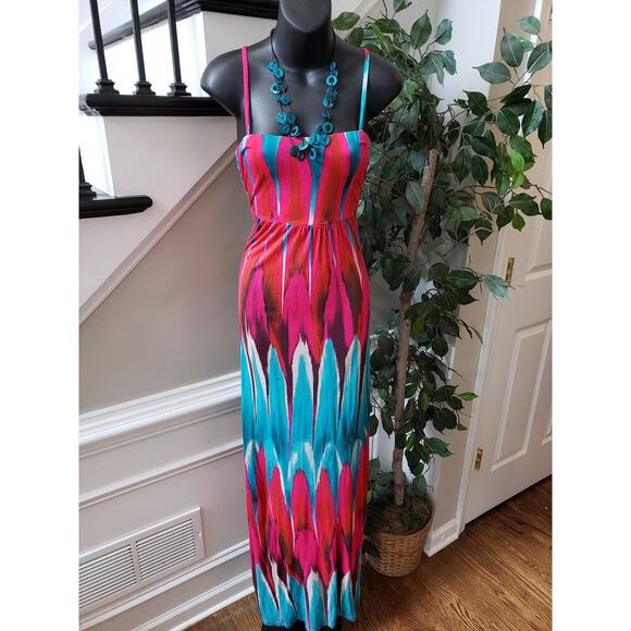 INC International Concepts Long Maxi Dress Womens M Multi Geo Print Smocked Back - Picture 1 of 12
